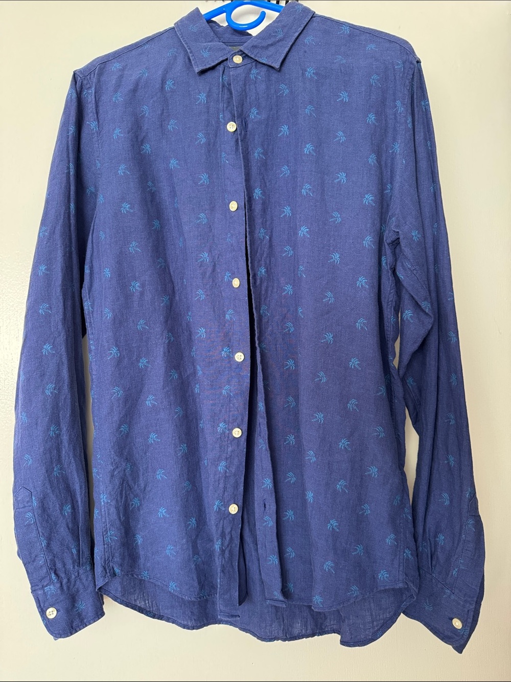 Bonobos Navy Linen Shirt with Light Blue Palm Motif